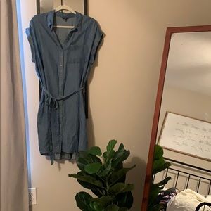 Denim cuff sleeve pocket dress